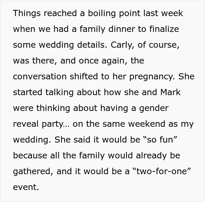 Pregnant Sister Plans Her Gender Reveal On Woman’s Wedding Weekend, Gets Uninvited Pregnant Sister Plans Her Gender Reveal On Woman’s Wedding Weekend, Gets Uninvited