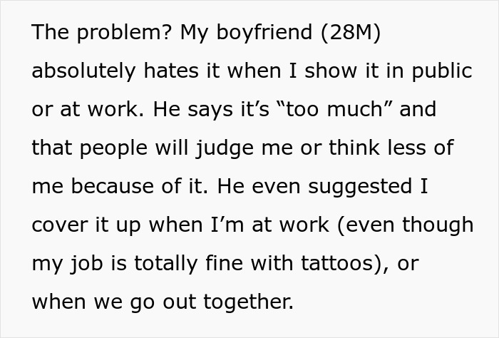 Text discussing a girlfriend considering removing her sleeve tattoo after her boyfriend urges her to cover it up. Text discussing a girlfriend considering removing her sleeve tattoo after her boyfriend urges her to cover it up.