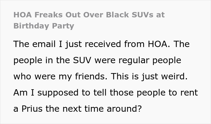HOA Reprimands Man For Having Guests With Black SUVs, Apologizes After Seeing His Post Online HOA Reprimands Man For Having Guests With Black SUVs, Apologizes After Seeing His Post Online