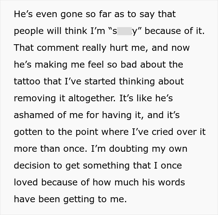 Text discussing a girlfriend considering removing a sleeve tattoo due to her boyfriend’s negative comments. Text discussing a girlfriend considering removing a sleeve tattoo due to her boyfriend’s negative comments.