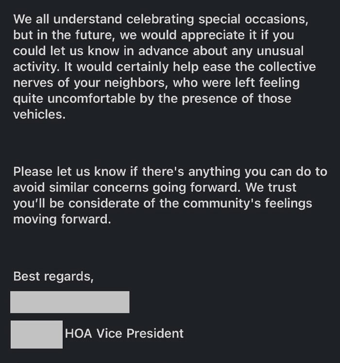 HOA Reprimands Man For Having Guests With Black SUVs, Apologizes After Seeing His Post Online HOA Reprimands Man For Having Guests With Black SUVs, Apologizes After Seeing His Post Online