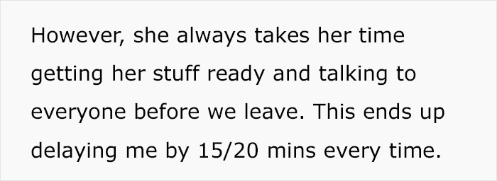 Woman Constantly Takes Overly Long To Get Ready, Loses The Free Rides Her Coworker Used To Give Woman Constantly Takes Overly Long To Get Ready, Loses The Free Rides Her Coworker Used To Give