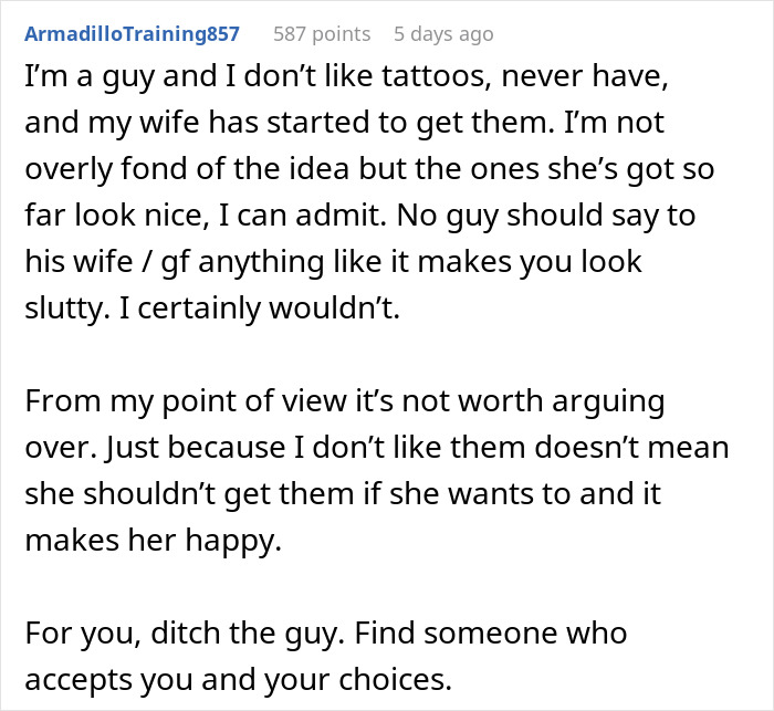 Comment discussing opinions on tattoos and relationship advice for a heartbroken girlfriend. Comment discussing opinions on tattoos and relationship advice for a heartbroken girlfriend.