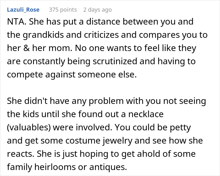 Text discussing family dynamics and reactions related to favorites grandkids necklace relationship. Text discussing family dynamics and reactions related to favorites grandkids necklace relationship.