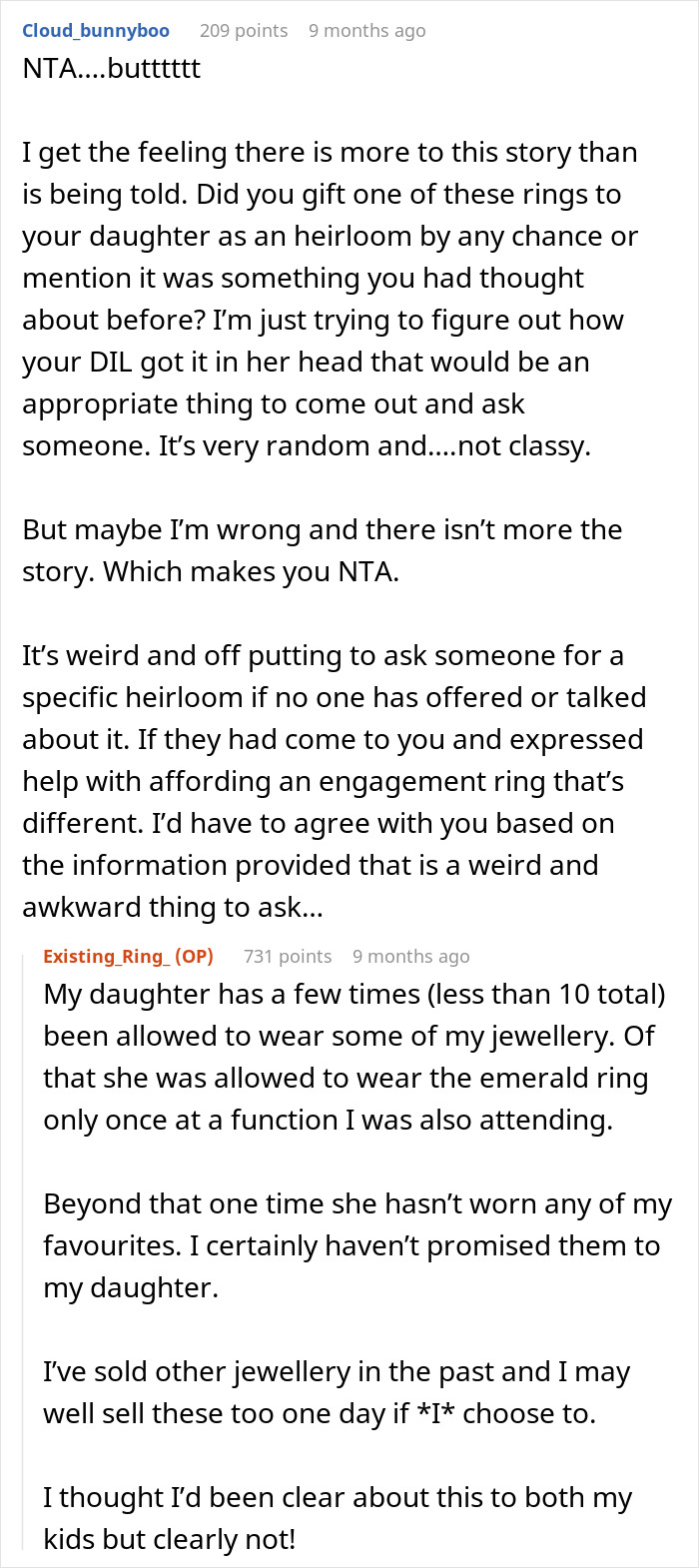 DIL Demands That MIL Give Up Her Emerald Ring As An Heirloom Engagement Ring, Is Told To Get Out DIL Demands That MIL Give Up Her Emerald Ring As An Heirloom Engagement Ring, Is Told To Get Out