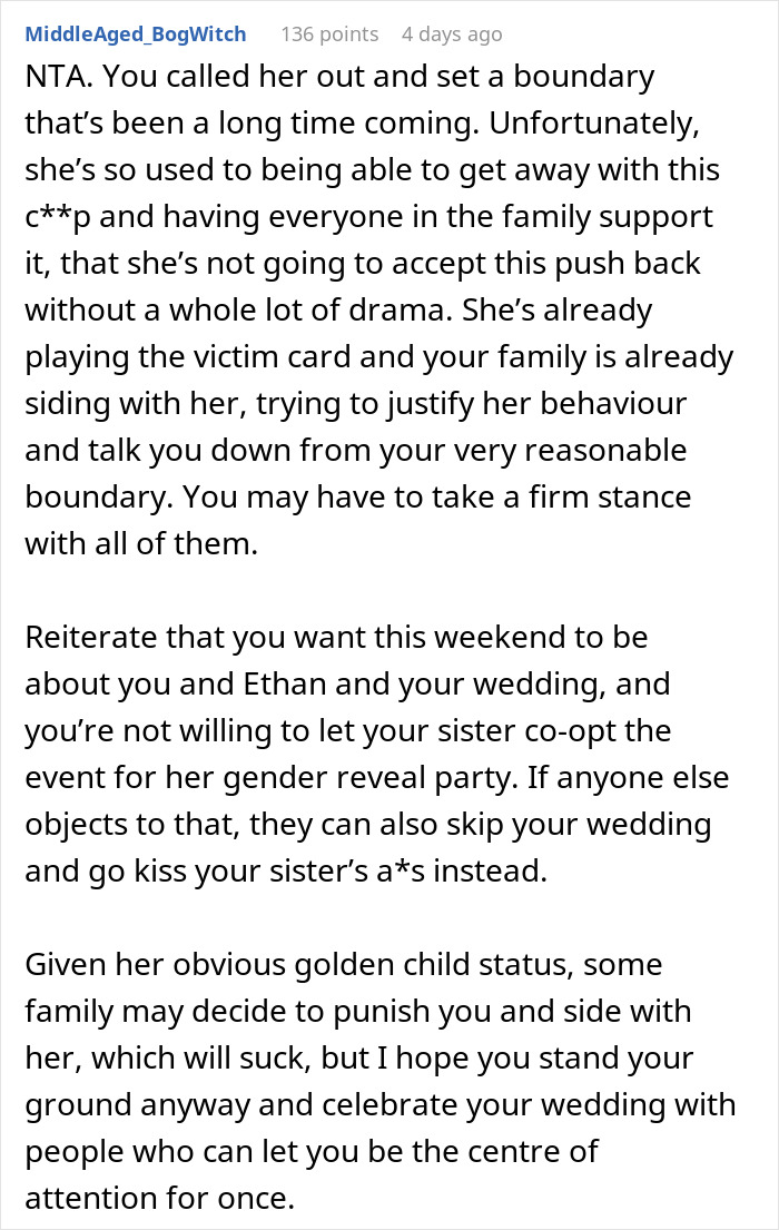Pregnant Sister Plans Her Gender Reveal On Woman’s Wedding Weekend, Gets Uninvited Pregnant Sister Plans Her Gender Reveal On Woman’s Wedding Weekend, Gets Uninvited