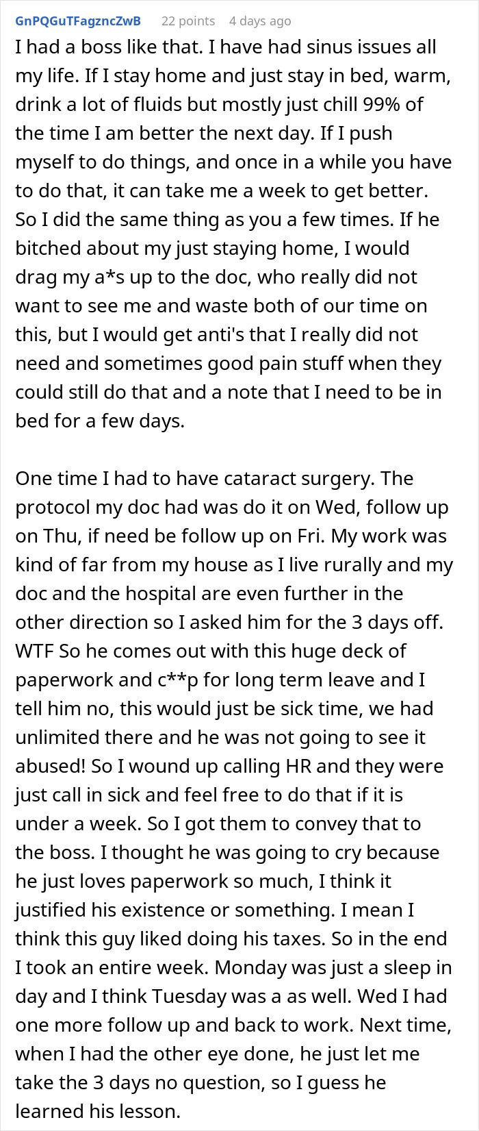 One Sick Day Turns Into Whole Week Off For Employee Who Maliciously Complied With Boss's Request One Sick Day Turns Into Whole Week Off For Employee Who Maliciously Complied With Boss's Request