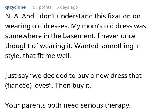 Dad Pressures His Soon-To-Be DIL To Wear His Late Wife’s Wedding Dress Decades After She Died Dad Pressures His Soon-To-Be DIL To Wear His Late Wife’s Wedding Dress Decades After She Died