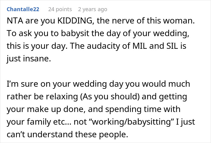 SIL Asks Bride To Babysit During Her Wedding, Is Shocked She’s Told Absolutely No SIL Asks Bride To Babysit During Her Wedding, Is Shocked She’s Told Absolutely No