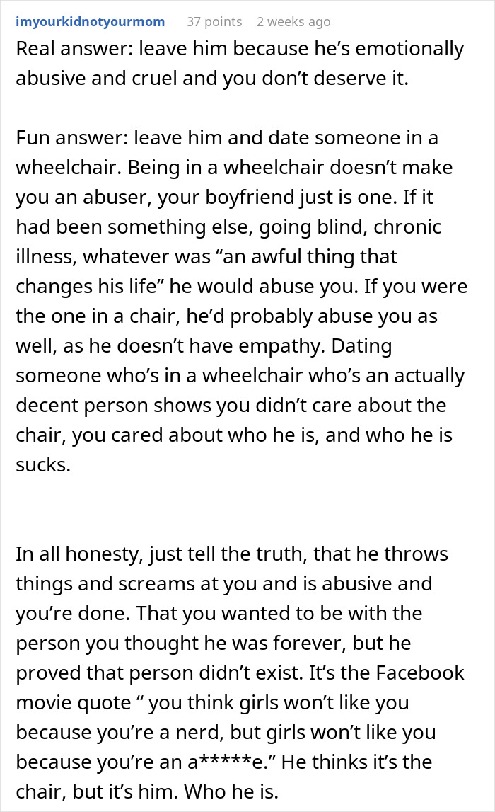 Woman Wonders If Leaving Her Disabled Boyfriend Would Make Her A Bad Person Woman Wonders If Leaving Her Disabled Boyfriend Would Make Her A Bad Person