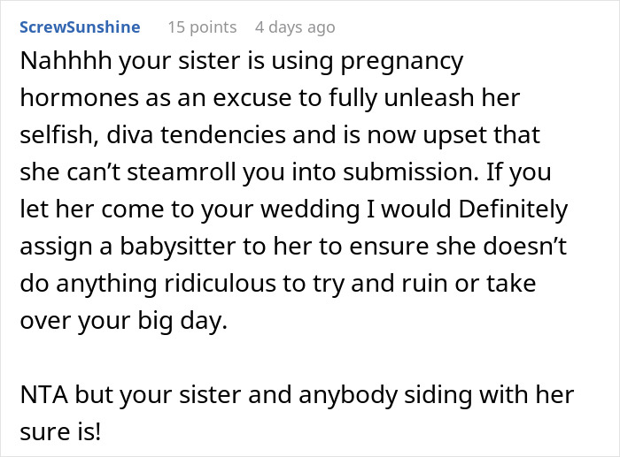Pregnant Sister Plans Her Gender Reveal On Woman’s Wedding Weekend, Gets Uninvited Pregnant Sister Plans Her Gender Reveal On Woman’s Wedding Weekend, Gets Uninvited