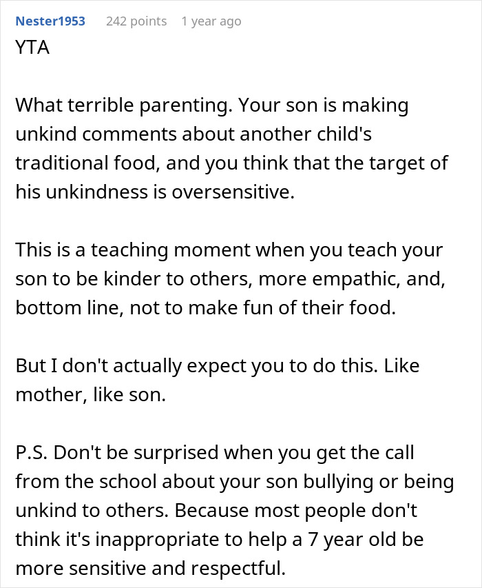 Mother Thinks Her Son Bullying Classmate About Her "Weird" Lunch Is Normal, Gets A Reality Check Mother Thinks Her Son Bullying Classmate About Her "Weird" Lunch Is Normal, Gets A Reality Check