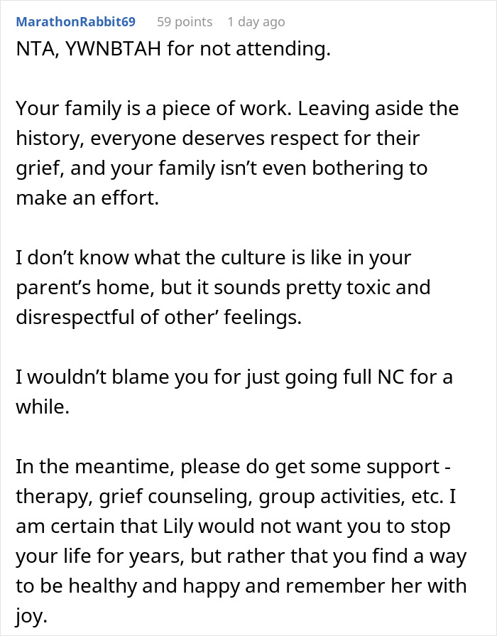 Widow Refuses To Go To Sister's Wedding After She And Entire Family Downplay Her Late Wife's Death Widow Refuses To Go To Sister's Wedding After She And Entire Family Downplay Her Late Wife's Death
