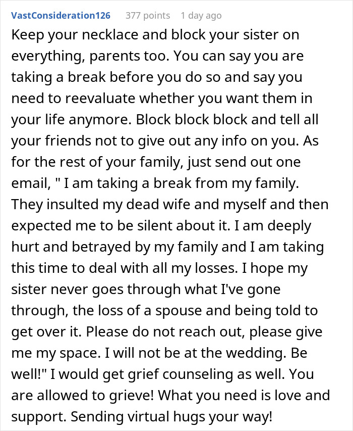 Widow Refuses To Go To Sister's Wedding After She And Entire Family Downplay Her Late Wife's Death Widow Refuses To Go To Sister's Wedding After She And Entire Family Downplay Her Late Wife's Death