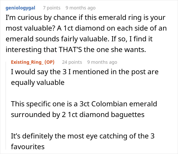 DIL Demands That MIL Give Up Her Emerald Ring As An Heirloom Engagement Ring, Is Told To Get Out DIL Demands That MIL Give Up Her Emerald Ring As An Heirloom Engagement Ring, Is Told To Get Out