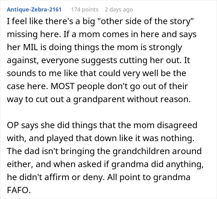 Text discussion about a mother's relationship with grandparents and grandkids, questioning the other side of the story. Text discussion about a mother's relationship with grandparents and grandkids, questioning the other side of the story.
