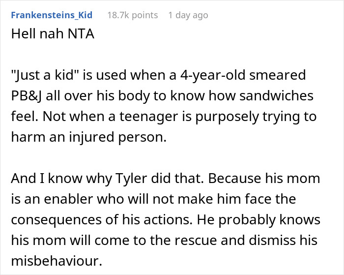 13YO Pulls Crutches Out Of Cousin's Hands And Throws Them Down Stairs, Mom Defends Him 13YO Pulls Crutches Out Of Cousin's Hands And Throws Them Down Stairs, Mom Defends Him