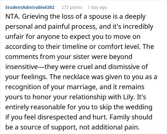 Widow Refuses To Go To Sister's Wedding After She And Entire Family Downplay Her Late Wife's Death Widow Refuses To Go To Sister's Wedding After She And Entire Family Downplay Her Late Wife's Death