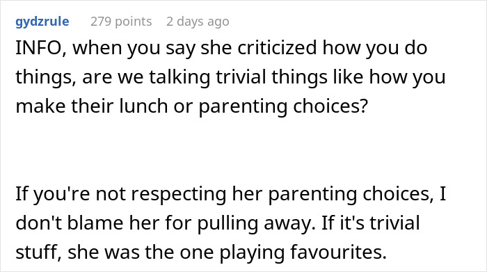 Text about relationship dynamics and parenting choices, mentioning favoritism. Text about relationship dynamics and parenting choices, mentioning favoritism.