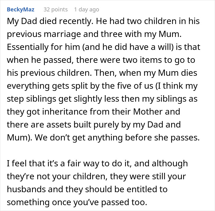 Woman Wants To Get Half Of Ex-Husband’s Inheritance For Kids, Gets A Reality Check From New Wife Woman Wants To Get Half Of Ex-Husband’s Inheritance For Kids, Gets A Reality Check From New Wife