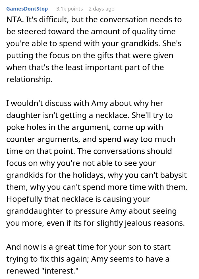 Reddit comment discussing spending quality time with grandkids over giving gifts like necklaces, focusing on the relationship. Reddit comment discussing spending quality time with grandkids over giving gifts like necklaces, focusing on the relationship.