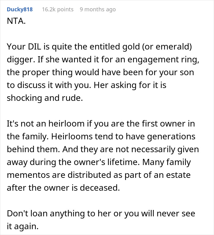 DIL Demands That MIL Give Up Her Emerald Ring As An Heirloom Engagement Ring, Is Told To Get Out DIL Demands That MIL Give Up Her Emerald Ring As An Heirloom Engagement Ring, Is Told To Get Out