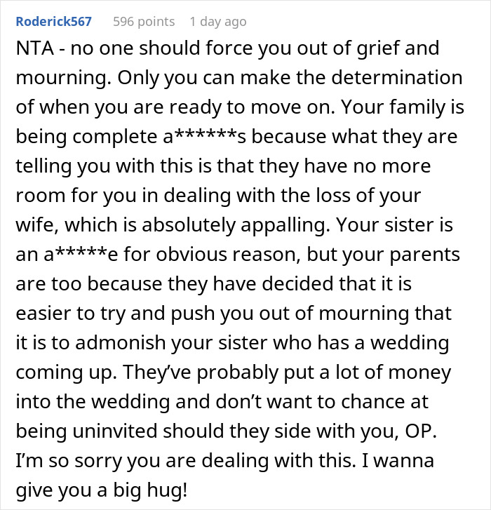Widow Refuses To Go To Sister's Wedding After She And Entire Family Downplay Her Late Wife's Death Widow Refuses To Go To Sister's Wedding After She And Entire Family Downplay Her Late Wife's Death