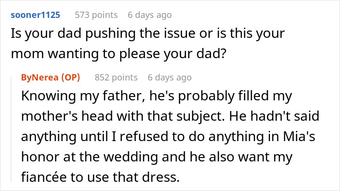 Dad Pressures His Soon-To-Be DIL To Wear His Late Wife’s Wedding Dress Decades After She Died Dad Pressures His Soon-To-Be DIL To Wear His Late Wife’s Wedding Dress Decades After She Died