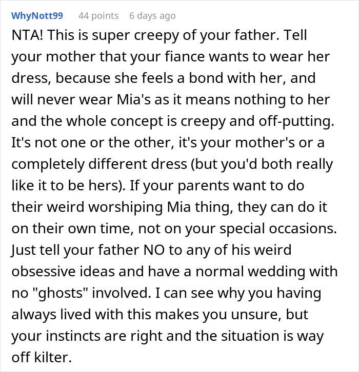 Dad Pressures His Soon-To-Be DIL To Wear His Late Wife’s Wedding Dress Decades After She Died Dad Pressures His Soon-To-Be DIL To Wear His Late Wife’s Wedding Dress Decades After She Died