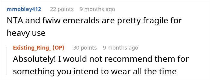 DIL Demands That MIL Give Up Her Emerald Ring As An Heirloom Engagement Ring, Is Told To Get Out DIL Demands That MIL Give Up Her Emerald Ring As An Heirloom Engagement Ring, Is Told To Get Out