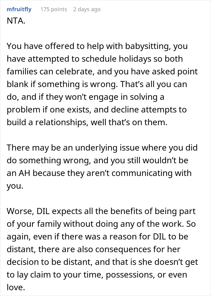 Text discussing family dynamics, babysitting offers, and building relationships with grandkids. Text discussing family dynamics, babysitting offers, and building relationships with grandkids.