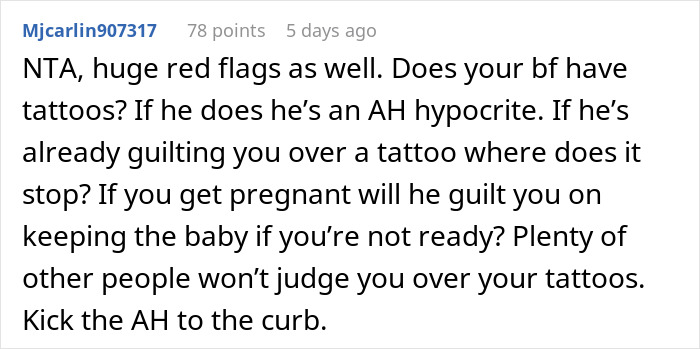 Reddit comment discussing relationship issues over a girlfriend's sleeve tattoo and the boyfriend's negative attitude. Reddit comment discussing relationship issues over a girlfriend's sleeve tattoo and the boyfriend's negative attitude.