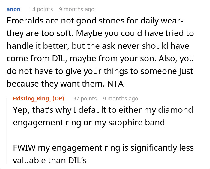 DIL Demands That MIL Give Up Her Emerald Ring As An Heirloom Engagement Ring, Is Told To Get Out DIL Demands That MIL Give Up Her Emerald Ring As An Heirloom Engagement Ring, Is Told To Get Out