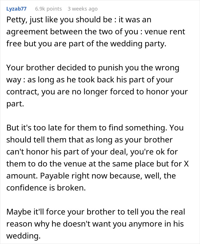 Brother Is Uninvited From Wedding For Being An "Addict", He Then Cancels Free Venue In Response Brother Is Uninvited From Wedding For Being An "Addict", He Then Cancels Free Venue In Response