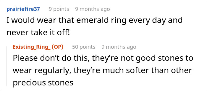 DIL Demands That MIL Give Up Her Emerald Ring As An Heirloom Engagement Ring, Is Told To Get Out DIL Demands That MIL Give Up Her Emerald Ring As An Heirloom Engagement Ring, Is Told To Get Out