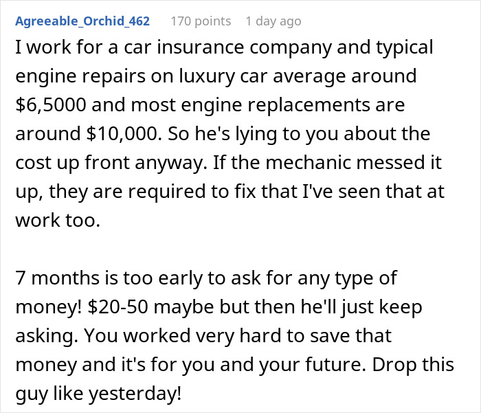 Rich BF With Doctor Parents Asks Barista GF For $16K From Her Hard-Earned Savings To Fix His Car Rich BF With Doctor Parents Asks Barista GF For $16K From Her Hard-Earned Savings To Fix His Car