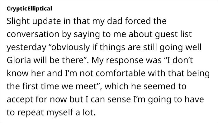 Sensitive Mom Cried For A Month As Dad Got New GF After Divorce, Bride Doesn't Want GF At Wedding Sensitive Mom Cried For A Month As Dad Got New GF After Divorce, Bride Doesn't Want GF At Wedding