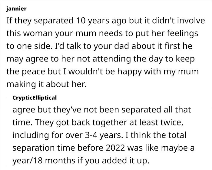Sensitive Mom Cried For A Month As Dad Got New GF After Divorce, Bride Doesn't Want GF At Wedding Sensitive Mom Cried For A Month As Dad Got New GF After Divorce, Bride Doesn't Want GF At Wedding