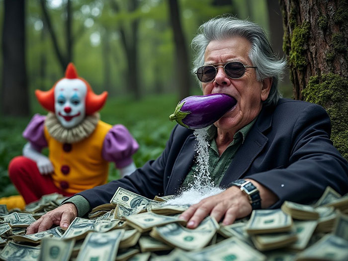 Man with eggplant in mouth and clown in background, surrounded by money—AI-generated image involving Elon Musk and Stephen King. Man with eggplant in mouth and clown in background, surrounded by money—AI-generated image involving Elon Musk and Stephen King.