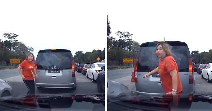“Crazy” Woman Jumps In Front Of Vehicle So Her Husband Can Cut In Line