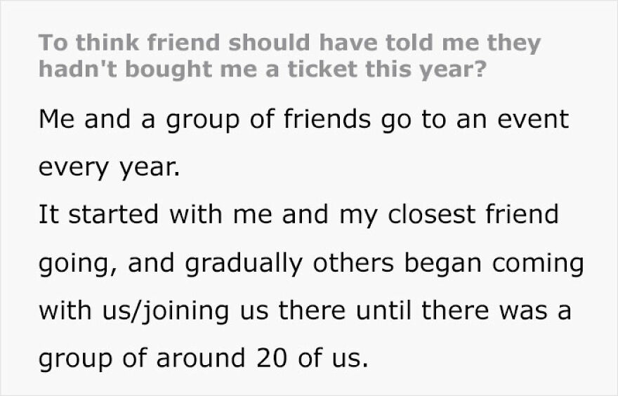 Woman Is Puzzled After Friend Doesn’t Buy Her A Ticket With No Warning After Doing It For 17 Years Woman Is Puzzled After Friend Doesn’t Buy Her A Ticket With No Warning After Doing It For 17 Years
