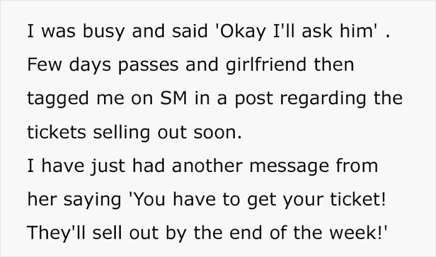 Woman Is Puzzled After Friend Doesn’t Buy Her A Ticket With No Warning After Doing It For 17 Years Woman Is Puzzled After Friend Doesn’t Buy Her A Ticket With No Warning After Doing It For 17 Years