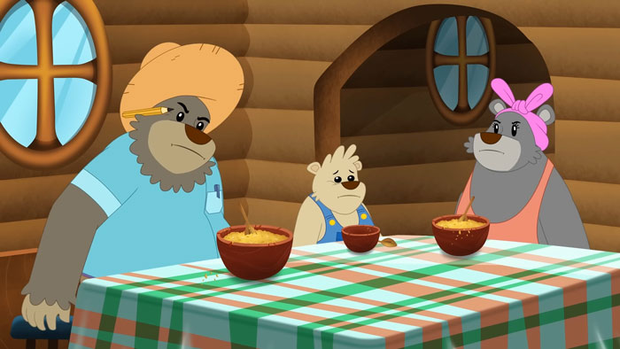 I can't tell who these characters are, but they appear to be animated bears enjoying a meal together inside a cozy wooden cabin. I can't tell who these characters are, but they appear to be animated bears enjoying a meal together inside a cozy wooden cabin.