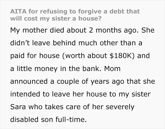 Woman Causes Family Drama By Refusing To Forgive Late Mom’s Debt And Demanding That Sister Pay It Woman Causes Family Drama By Refusing To Forgive Late Mom’s Debt And Demanding That Sister Pay It