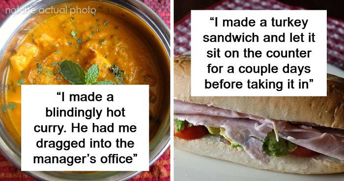 Two images showing spicy curry and a turkey sandwich with text about teaching food thieves at work a lesson.