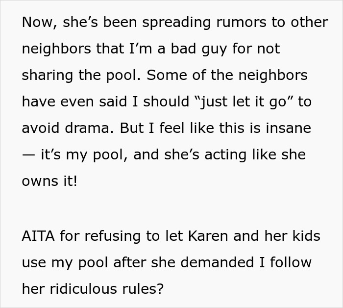 Woman Keeps Using Pool Without Asking, Comes Up With A List Of Rules For Owner To Follow Woman Keeps Using Pool Without Asking, Comes Up With A List Of Rules For Owner To Follow
