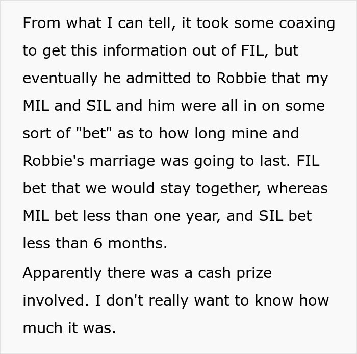 Woman Finds Out In-Laws Are Purposely Trying To Ruin Her Marriage To Win A Bet Woman Finds Out In-Laws Are Purposely Trying To Ruin Her Marriage To Win A Bet