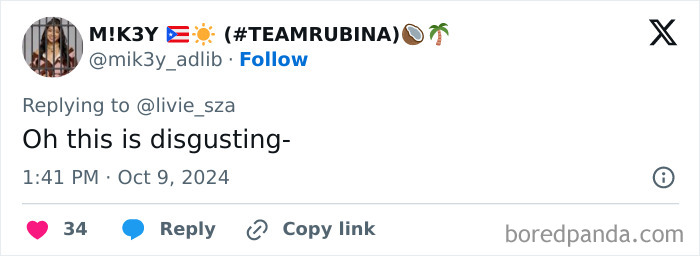 Tweet response calling something "disgusting" related to Sabrina Carpenter's onstage action. Tweet response calling something "disgusting" related to Sabrina Carpenter's onstage action.