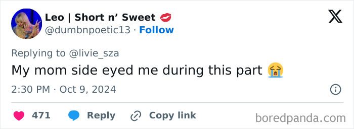 Tweet reacting with crying emoji to Sabrina Carpenter's onstage scene criticism. Tweet reacting with crying emoji to Sabrina Carpenter's onstage scene criticism.