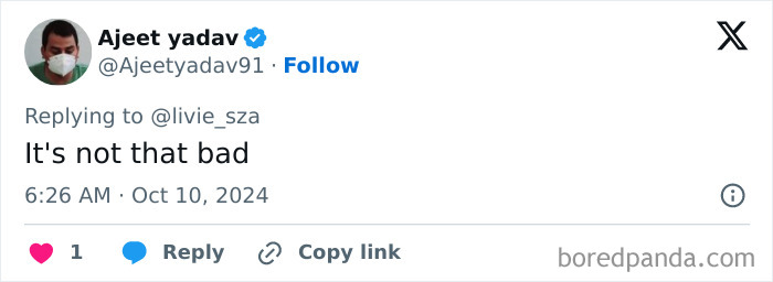 Tweet response to Sabrina Carpenter's onstage scene, saying, "It's not that bad. Tweet response to Sabrina Carpenter's onstage scene, saying, "It's not that bad.